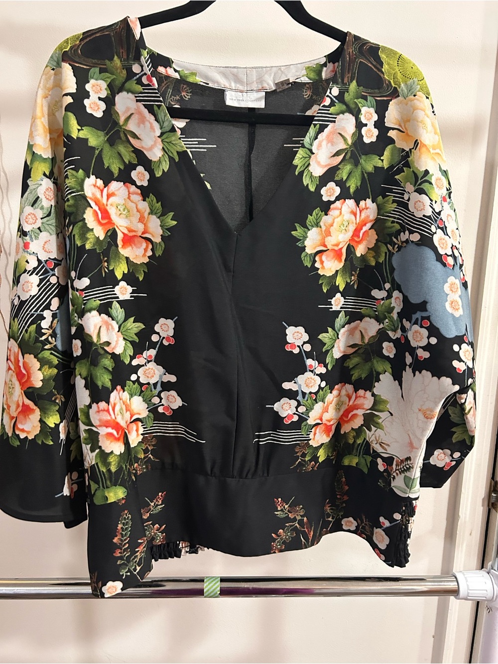 New York & Company Black Floral V-Neck Blouse with Peach and Green Accents
